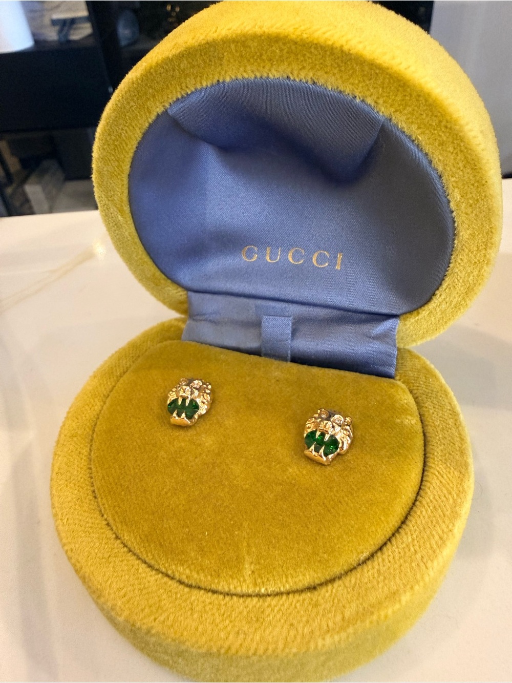 Authentic Gucci Diamond 18KGold & Green Lion Head Earrings